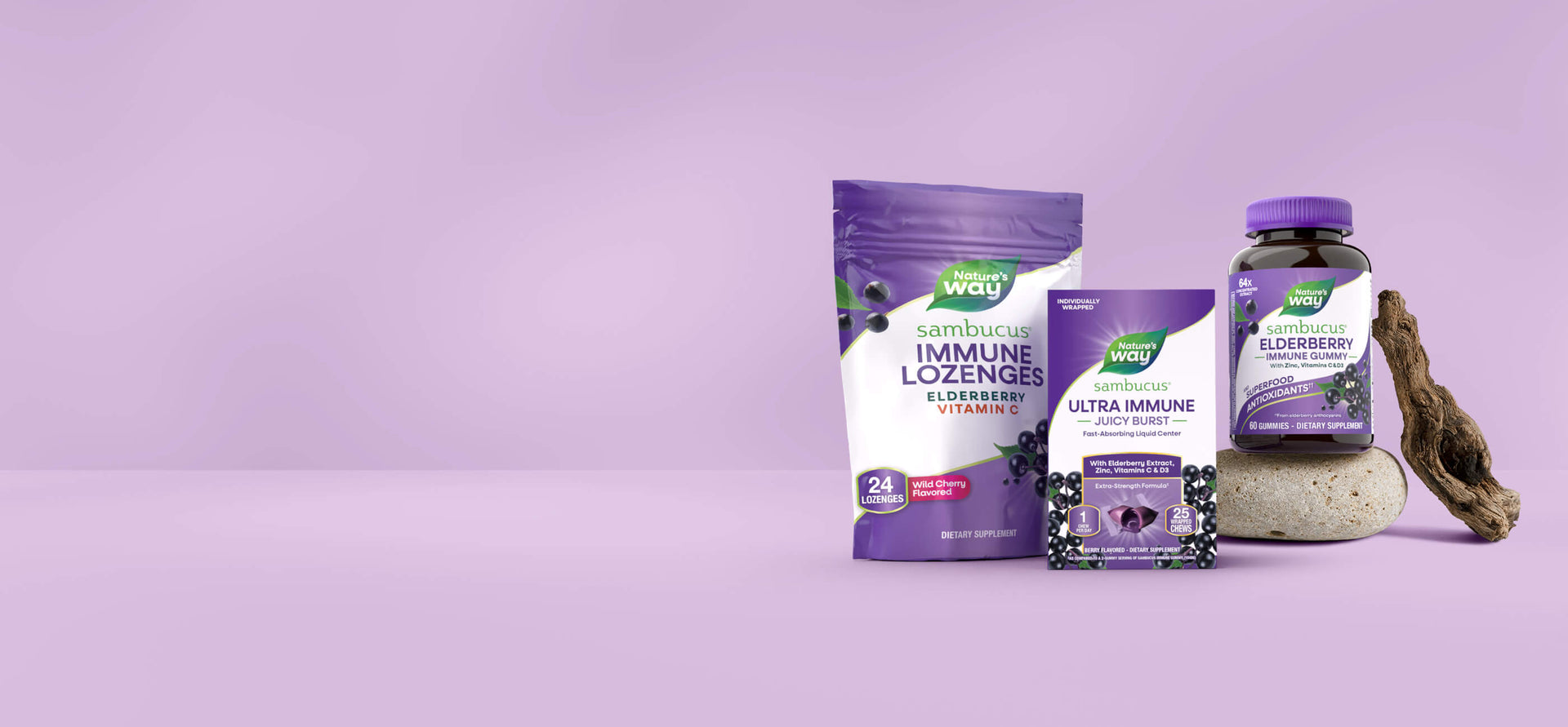 Natures Way Sambucus immune products on a purple background